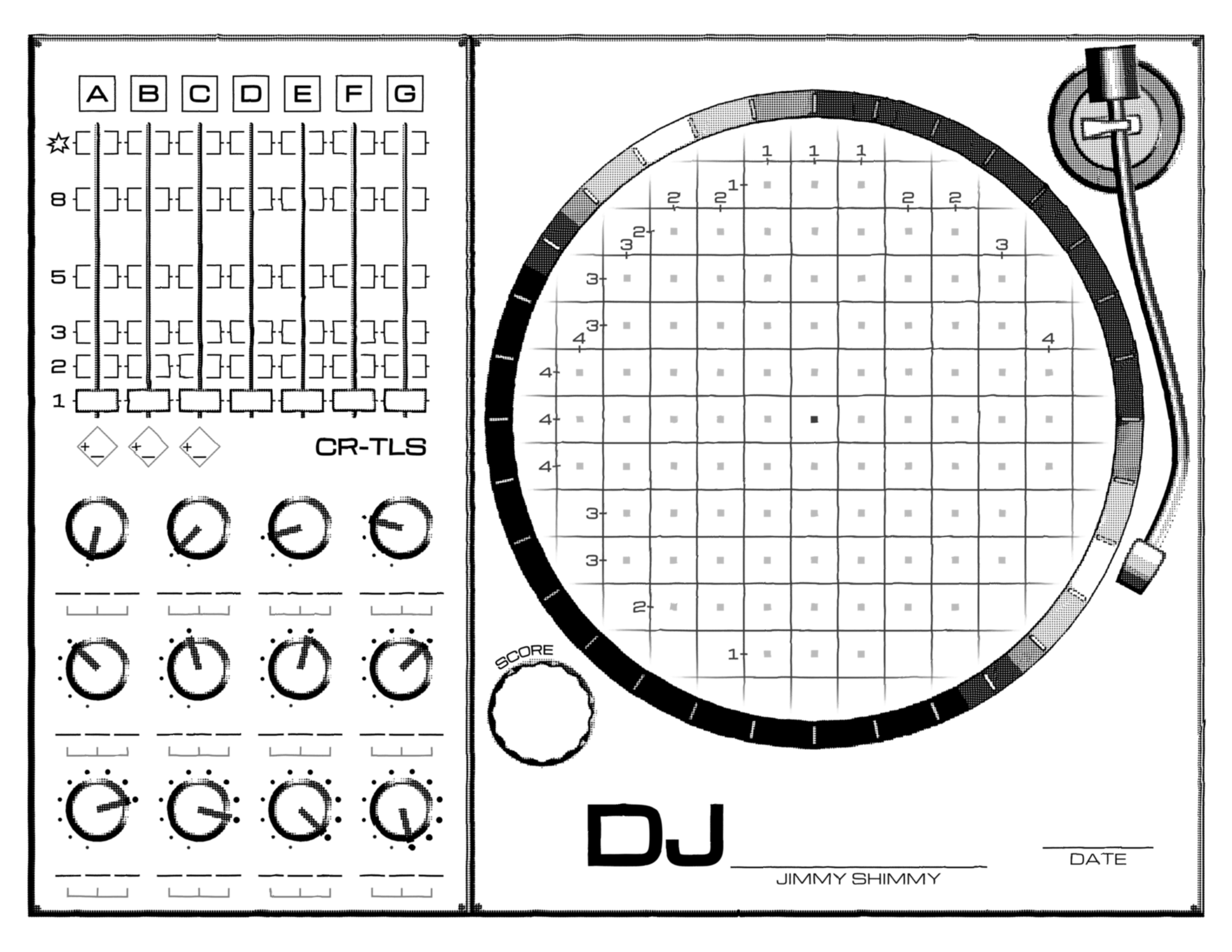 Game sheet and example game. Includes a large circular grid of squares, a round tracker, and a value tracker. In the preview game, a path of line segments darts around the grid.